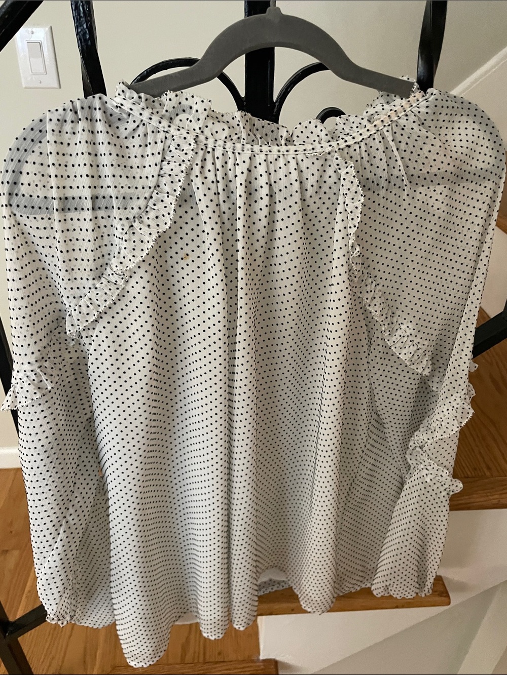 LOFT White Blouse with Black Polka Dots and Ruffle Trim